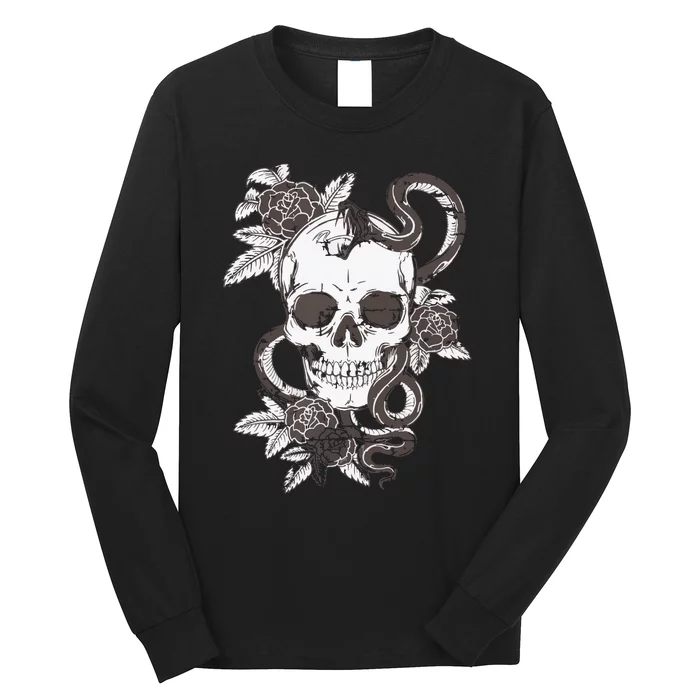 Vintage Skull Snake Rose Art Old School Tattoo Tee Long Sleeve Shirt