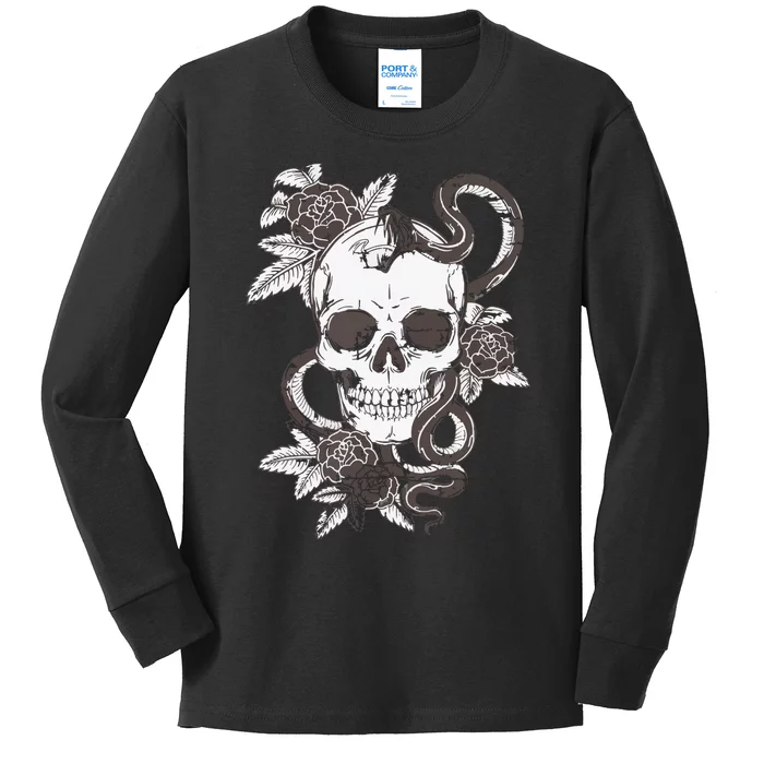 Vintage Skull Snake Rose Art Old School Tattoo Tee Kids Long Sleeve Shirt