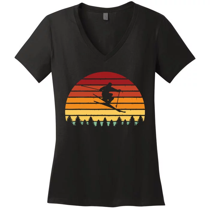 Vintage Sunset Skiing Gift For Skiers Women's V-Neck T-Shirt