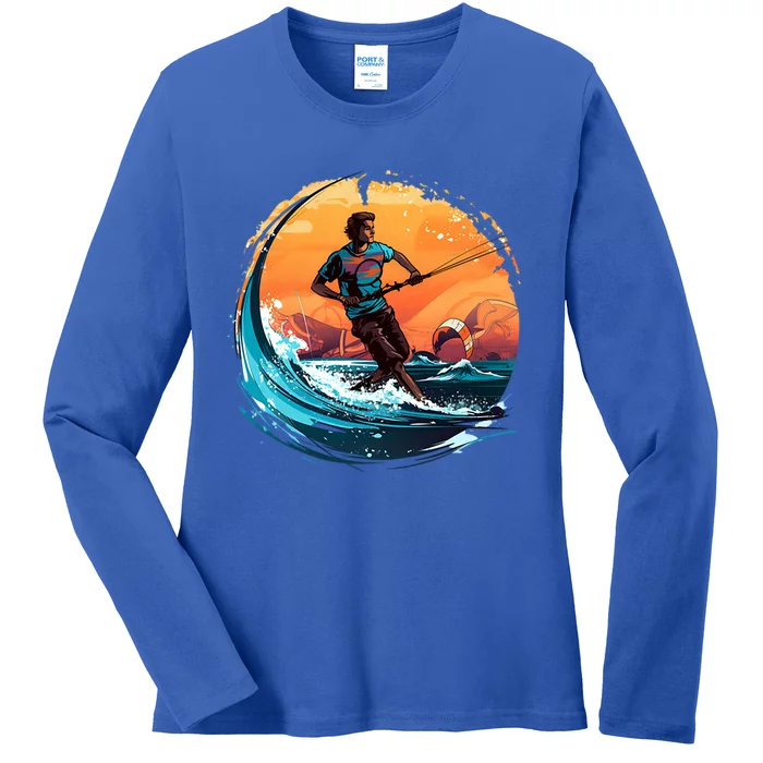 Vintage Sunset Surfing Design Kite Surfing Gift Ladies Long Sleeve Shirt