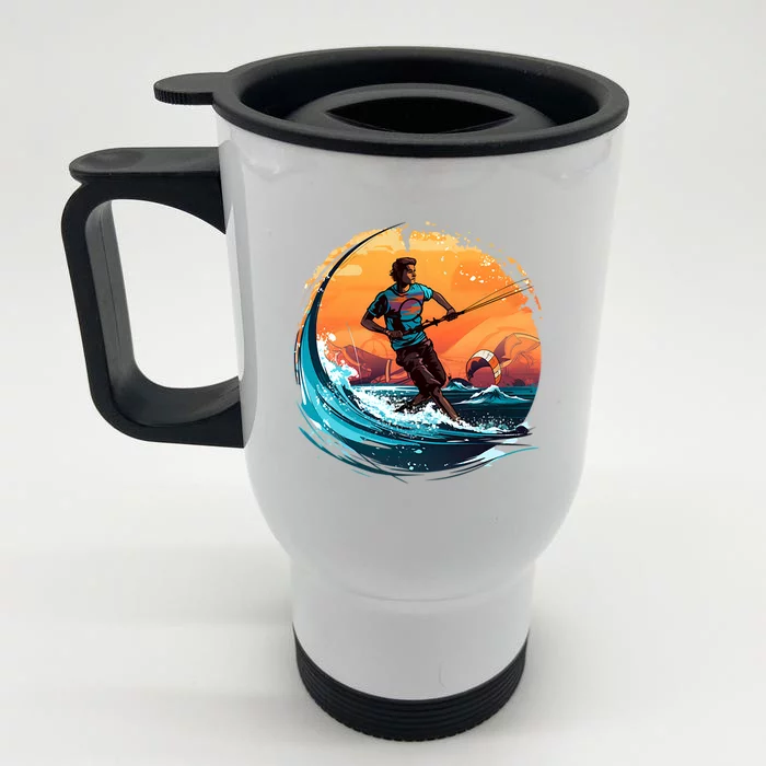 Vintage Sunset Surfing Design Kite Surfing Gift Front & Back Stainless Steel Travel Mug