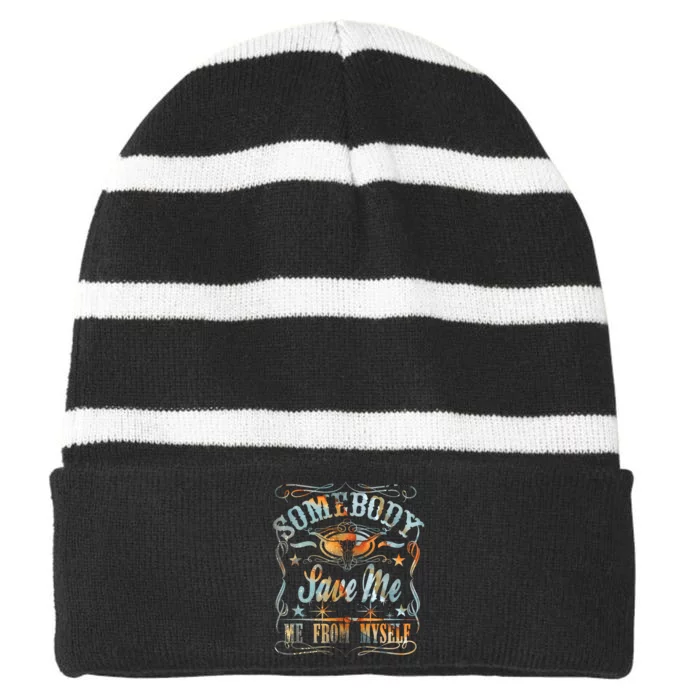 Vintage Somebody Save Me From Myself Floral Skull Retro Striped Beanie with Solid Band