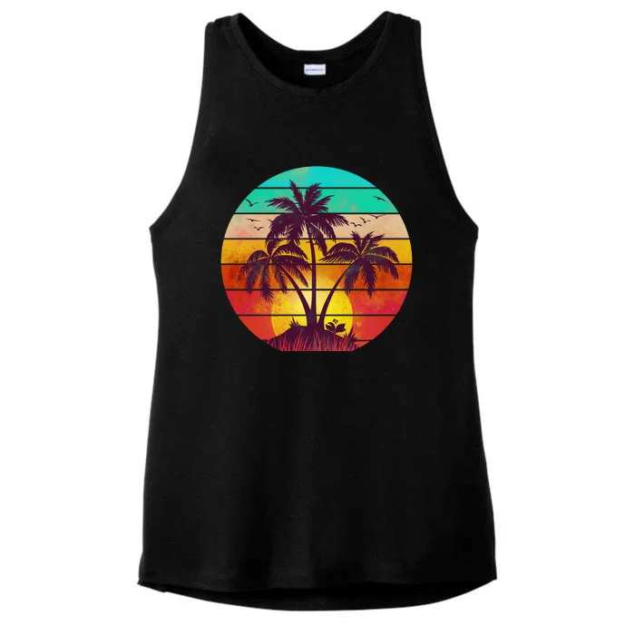 Vintage Sunset Sunrise Palm Tree Island Ladies Tri-Blend Wicking Tank