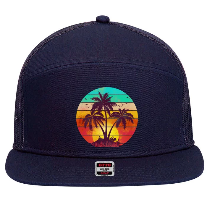 Vintage Sunset Sunrise Palm Tree Island 7 Panel Mesh Trucker Snapback Hat