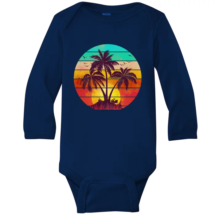 Vintage Sunset Sunrise Palm Tree Island Baby Long Sleeve Bodysuit