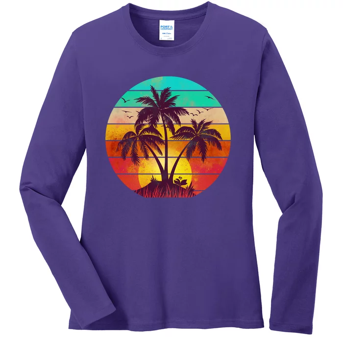 Vintage Sunset Sunrise Palm Tree Island Ladies Long Sleeve Shirt