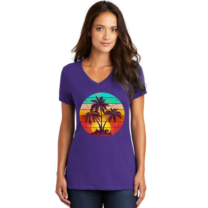 Vintage Sunset Sunrise Palm Tree Island Women's V-Neck T-Shirt