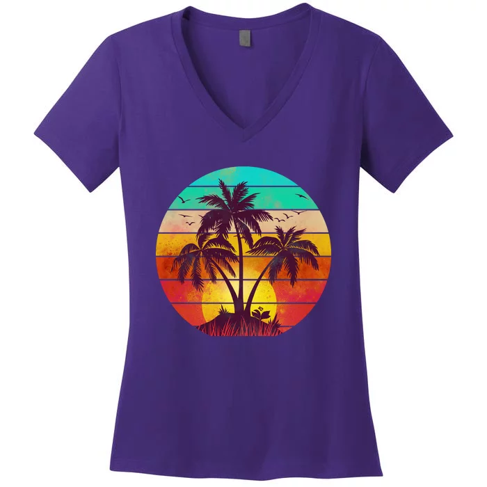 Vintage Sunset Sunrise Palm Tree Island Women's V-Neck T-Shirt