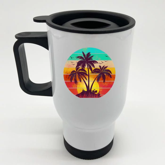 Vintage Sunset Sunrise Palm Tree Island Front & Back Stainless Steel Travel Mug