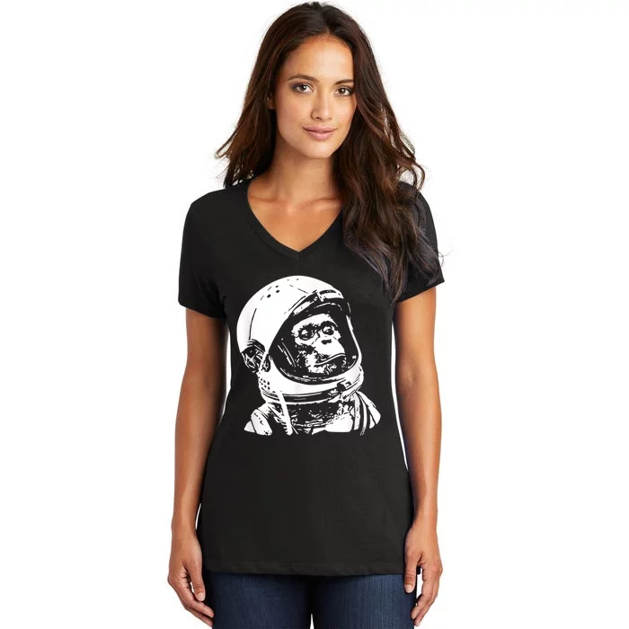 Vintage Space Travel Astronaut Monkey Women's V-Neck T-Shirt