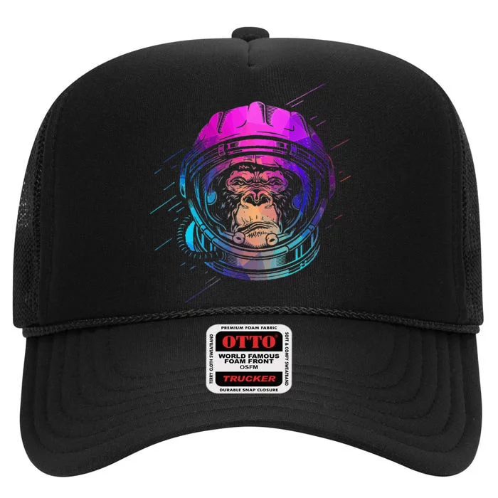 Vintage Space Travel Astronaut Monkey High Crown Mesh Trucker Hat