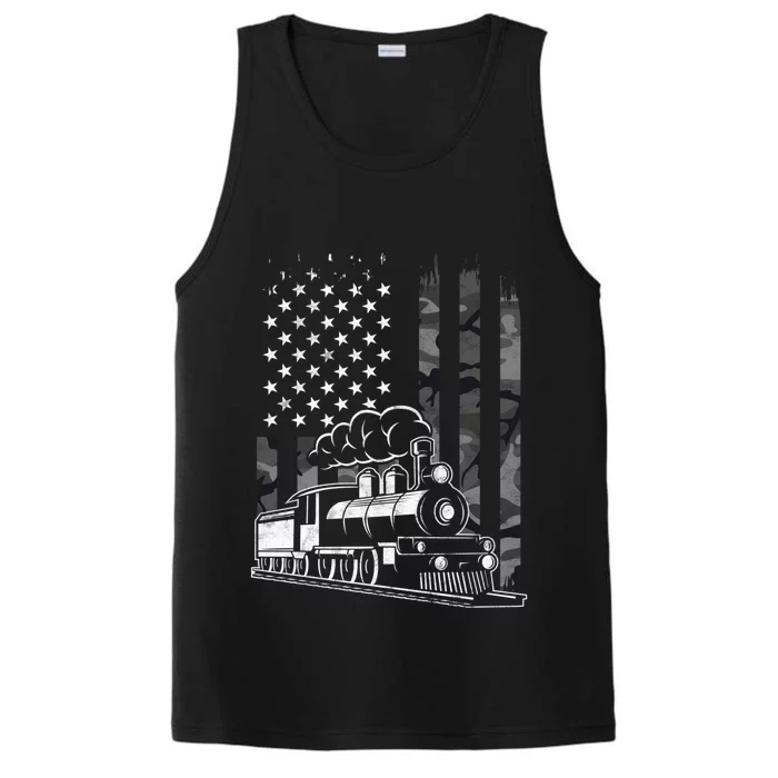 Vintage Steam Train Camo Usa American Flag Railroad Gift Performance Tank