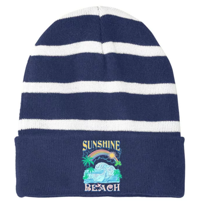 Vintage Summer Time Sunshine Beach Striped Beanie with Solid Band