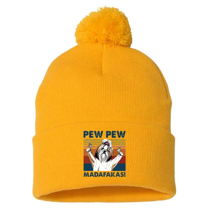 Vintage Shih Tzu Dog Pew Pew Madafakas Funny Crazy Dog Lover Pom Pom 12in Knit Beanie