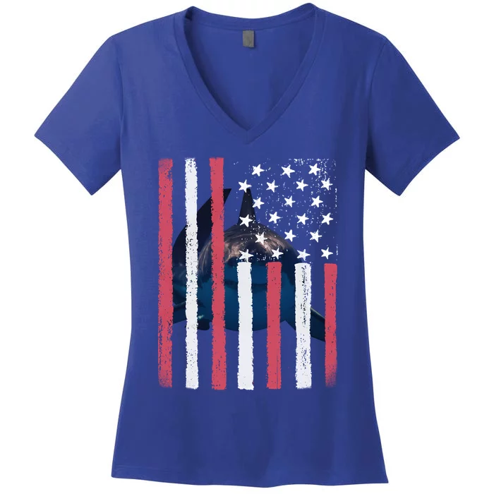 Vintage Shark Usa Flag Shark Ocean Week Gift Women's V-Neck T-Shirt