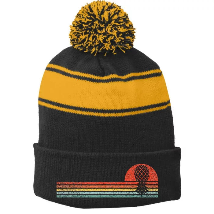 Vintage Swinger Upside Down Pineapple Retro Sunset Horizon Stripe Pom Pom Beanie