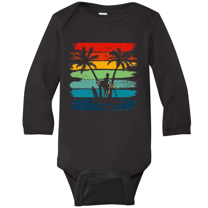 Vintage Summer Vacation Surf Surfing Surfers Beach Palm Tree Baby Long Sleeve Bodysuit