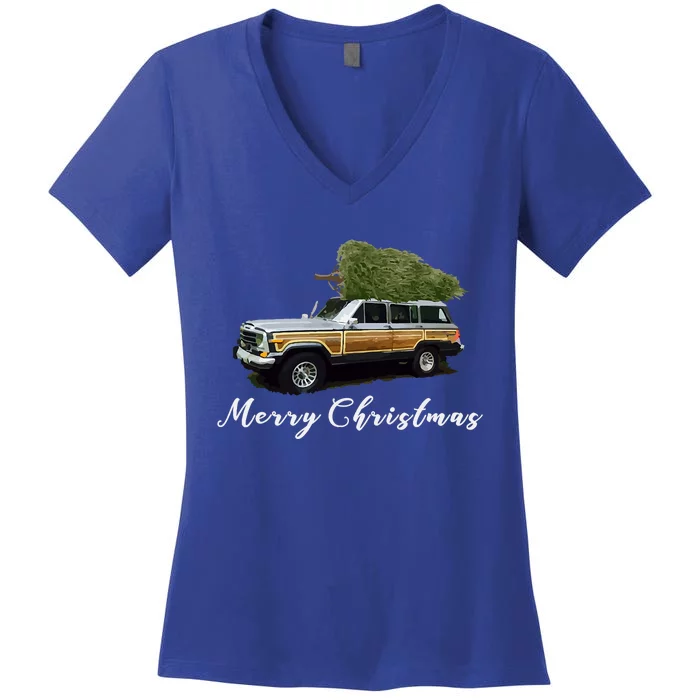 Vintage Surf Wagon Xmas Merry Christmas Tree On A Truck Women's V-Neck T-Shirt