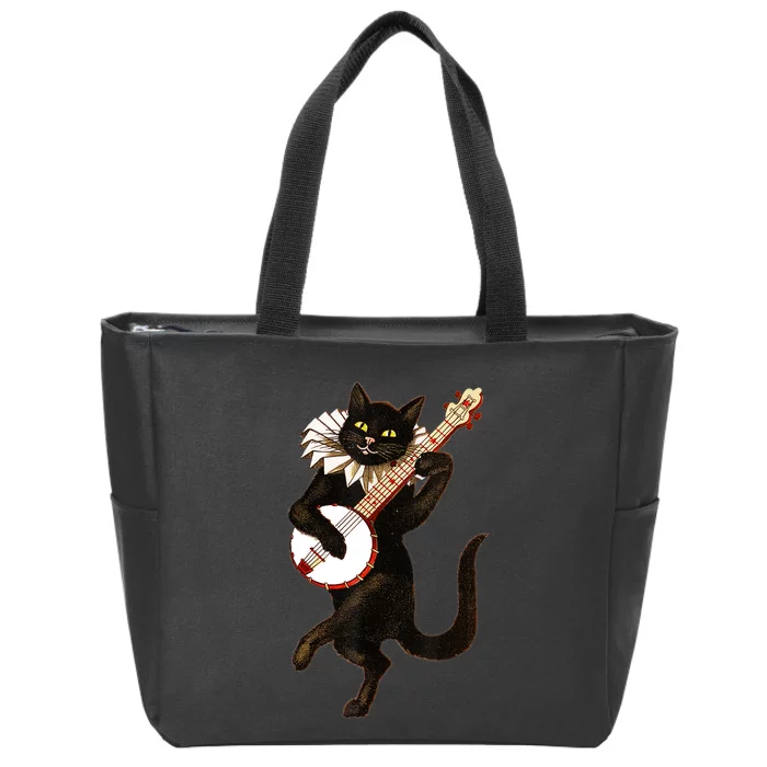 Vintage Silly Weird Cat Playing Banjo Country Cat Lover Gift TShirt Zip Tote Bag