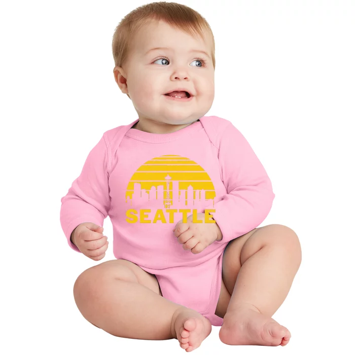 Vintage Seattle Washington Cityscape Retro Baby Long Sleeve Bodysuit