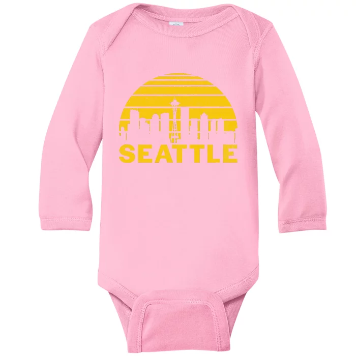 Vintage Seattle Washington Cityscape Retro Baby Long Sleeve Bodysuit