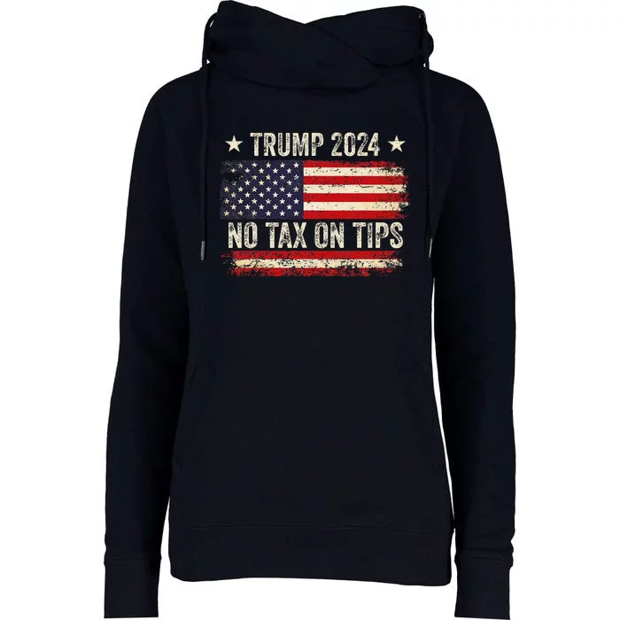 Vintage Trump 2024 No Tax On Tips Us Flag Womens Funnel Neck Pullover Hood