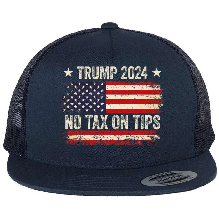 Vintage Trump 2024 No Tax On Tips Us Flag Flat Bill Trucker Hat