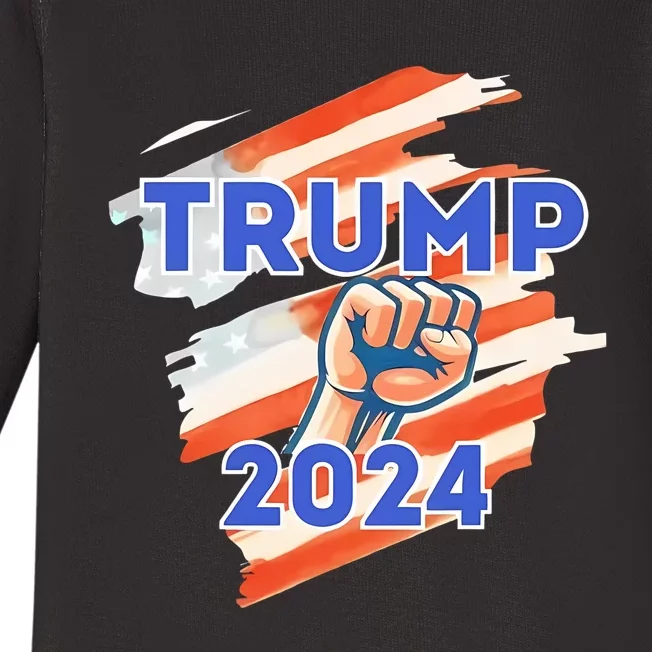 Vote Trump 2024 Usa Flag Power Fist Support Baby Long Sleeve Bodysuit