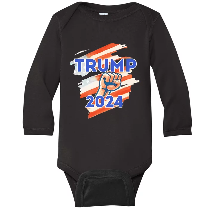 Vote Trump 2024 Usa Flag Power Fist Support Baby Long Sleeve Bodysuit