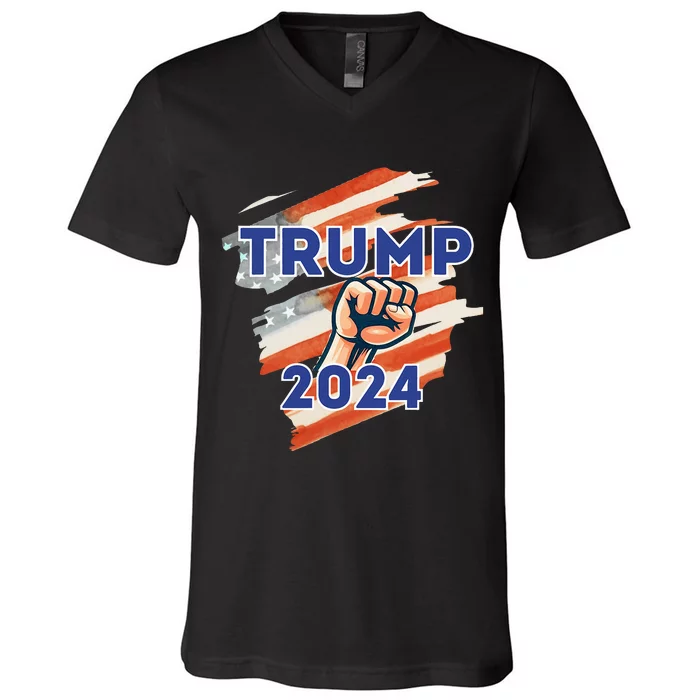 Vote Trump 2024 Usa Flag Power Fist Support V-Neck T-Shirt