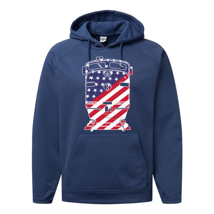 Vintage Train 4th Of July Patriotic American Flag Gift Performance Fleece Hoodie