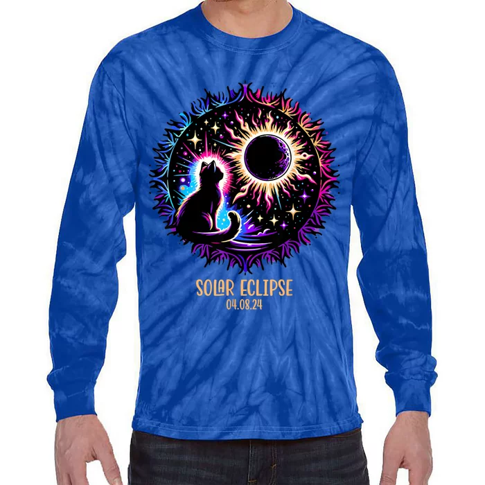 View Totality April 8 2024 Astronomy Cat Lover Solar Eclipse Tie-Dye Long Sleeve Shirt