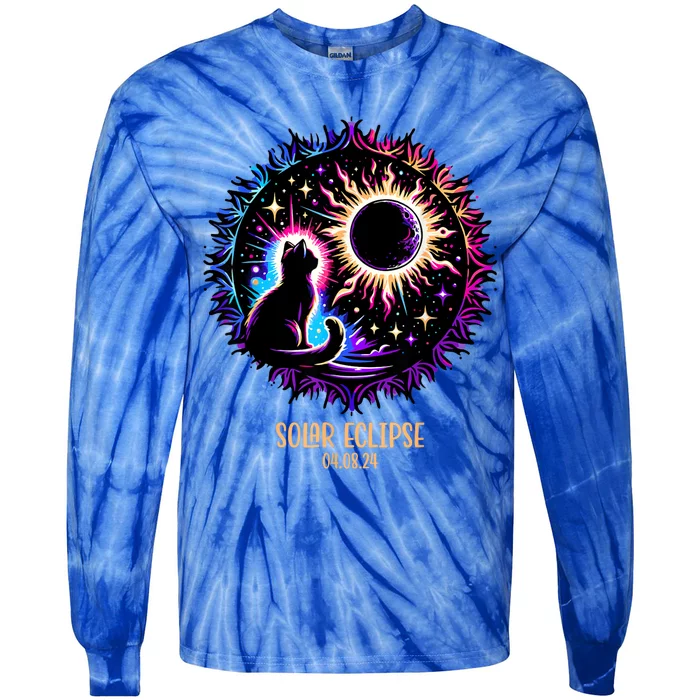 View Totality April 8 2024 Astronomy Cat Lover Solar Eclipse Tie-Dye Long Sleeve Shirt