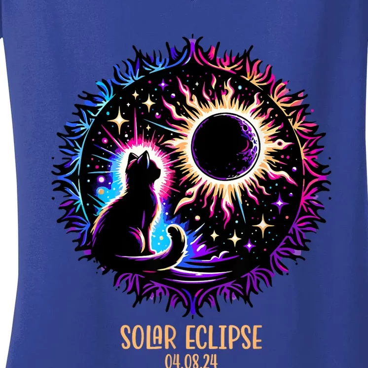 View Totality April 8 2024 Astronomy Cat Lover Solar Eclipse Women's V-Neck T-Shirt