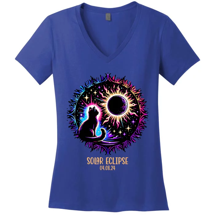 View Totality April 8 2024 Astronomy Cat Lover Solar Eclipse Women's V-Neck T-Shirt