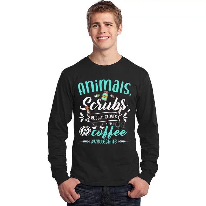 Veterinary Technician Animals Scrubs And Coffee Vet Tech Tall Long Sleeve T-Shirt