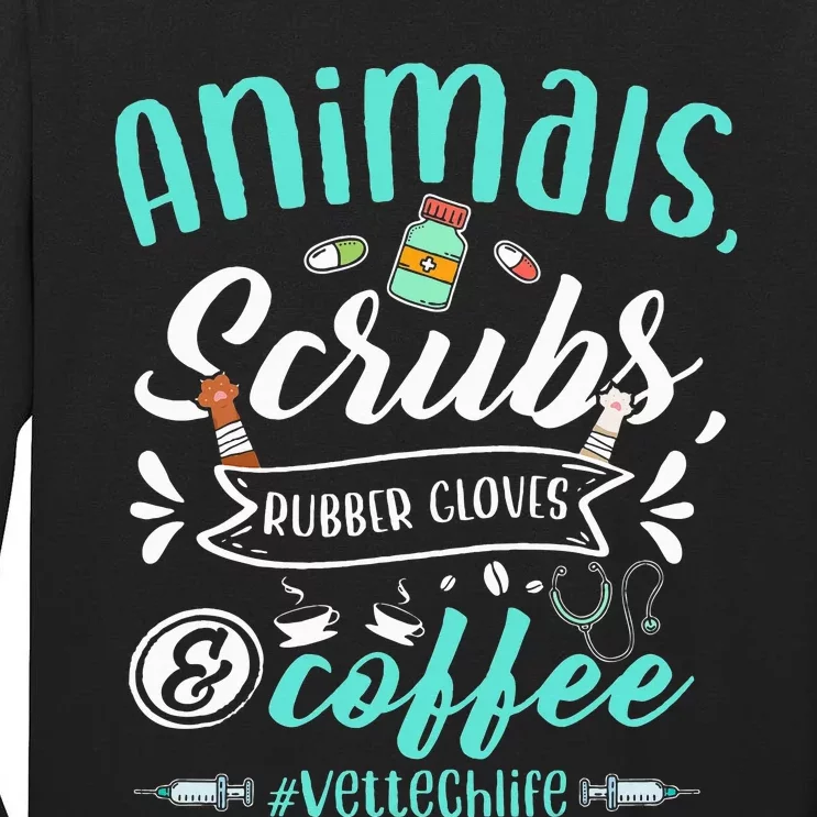 Veterinary Technician Animals Scrubs And Coffee Vet Tech Tall Long Sleeve T-Shirt