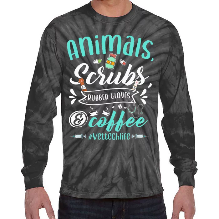 Veterinary Technician Animals Scrubs And Coffee Vet Tech Tie-Dye Long Sleeve Shirt