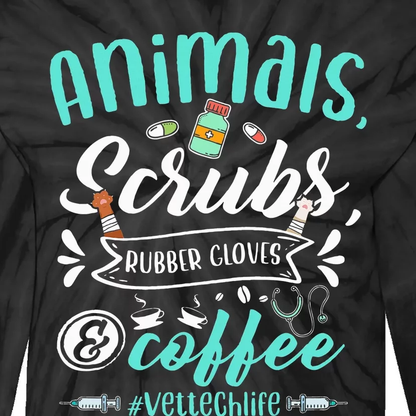 Veterinary Technician Animals Scrubs And Coffee Vet Tech Tie-Dye Long Sleeve Shirt