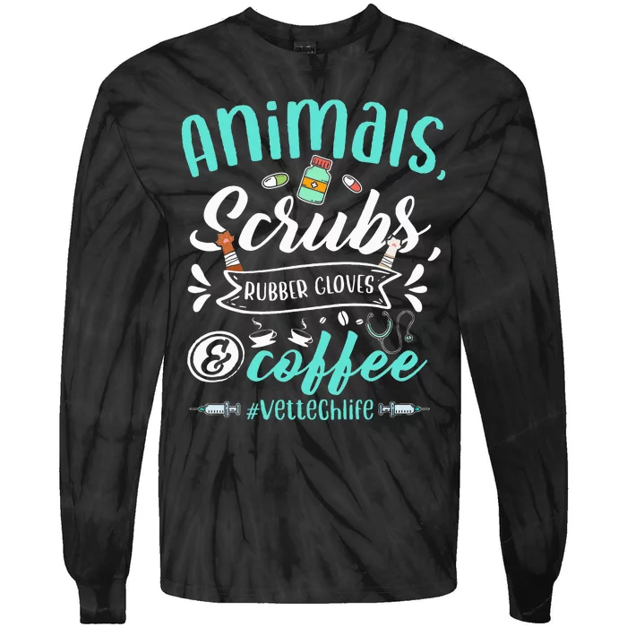 Veterinary Technician Animals Scrubs And Coffee Vet Tech Tie-Dye Long Sleeve Shirt