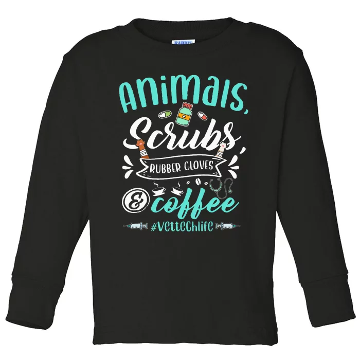 Veterinary Technician Animals Scrubs And Coffee Vet Tech Toddler Long Sleeve Shirt