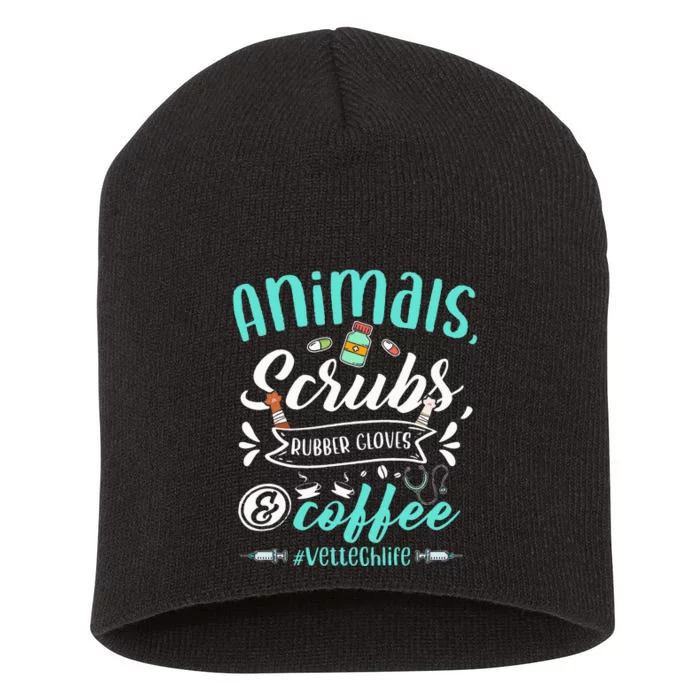 Veterinary Technician Animals Scrubs And Coffee Vet Tech Short Acrylic Beanie