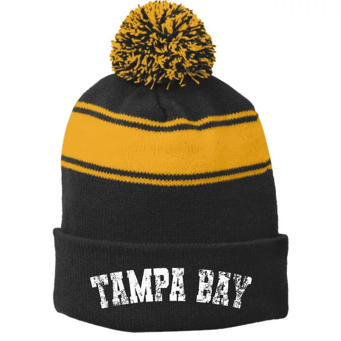 Vintage Tampa Bay Florida Distressed Bold White Text Apparel Stripe Pom Pom Beanie