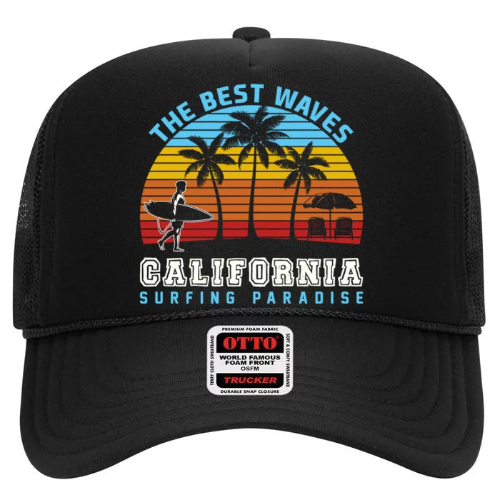 Vintage The Best Wave California Surfing Paradise High Crown Mesh Trucker Hat