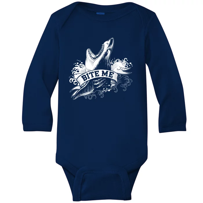 Vintage Tattoo Bite Me Shark Baby Long Sleeve Bodysuit