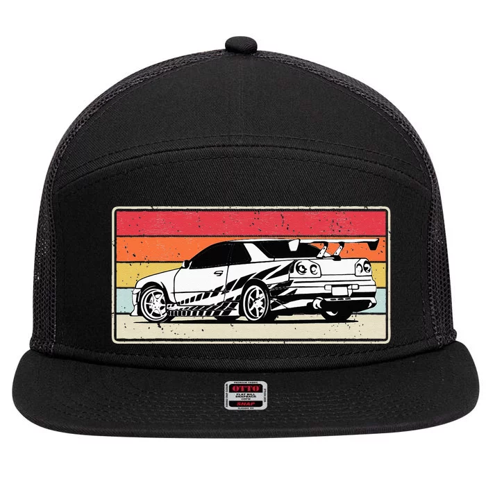 Vintage Tuner Car Skyline Graphic Retro Racing Drift Car 7 Panel Mesh Trucker Snapback Hat