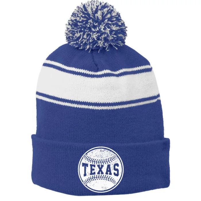 Vintage Texas Cityscape Baseball Lover Player And Fans Stripe Pom Pom Beanie