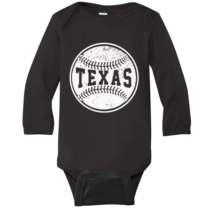 Vintage Texas Cityscape Baseball Lover Player and Fans Baby Long Sleeve Bodysuit