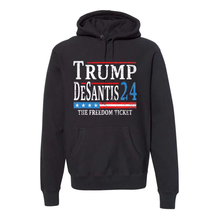 Vintage Trump Desantis 2024 The Freedom Ticket USA Flag Premium Hoodie