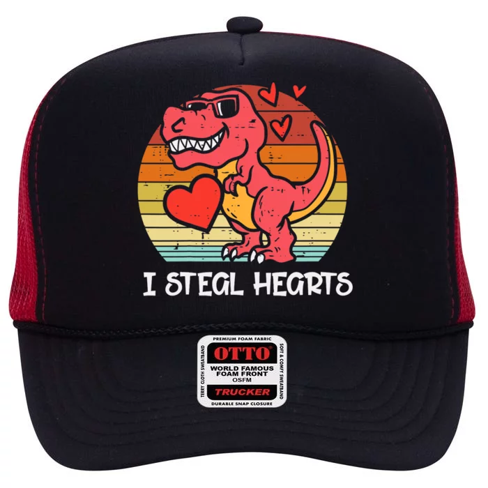 Valentines Trex Dino I Steal Hearts Retro Boy High Crown Mesh Trucker Hat